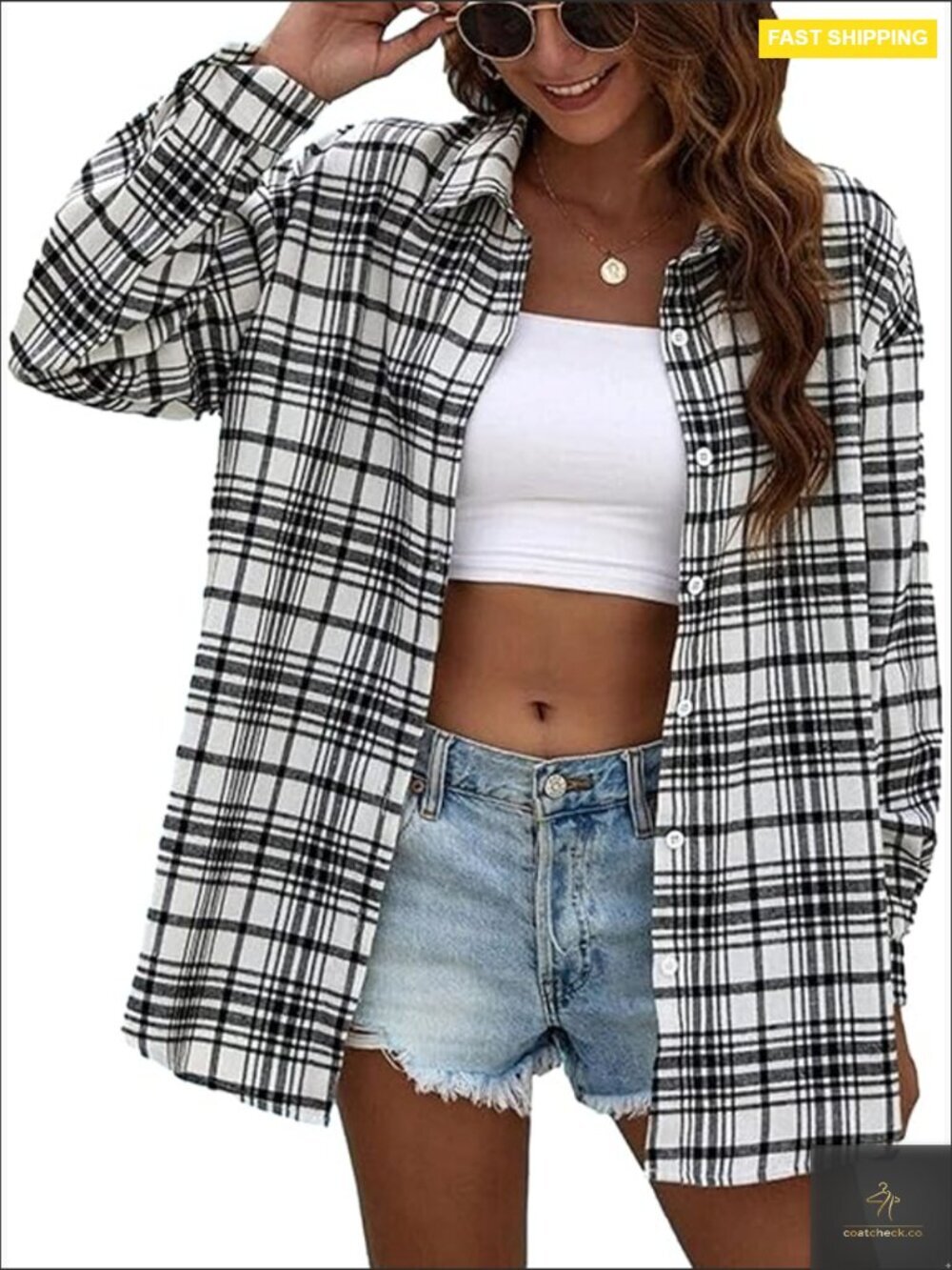 Oversized Flannel Button Down Shacket Plaid Long Sleeve Blouse Tops